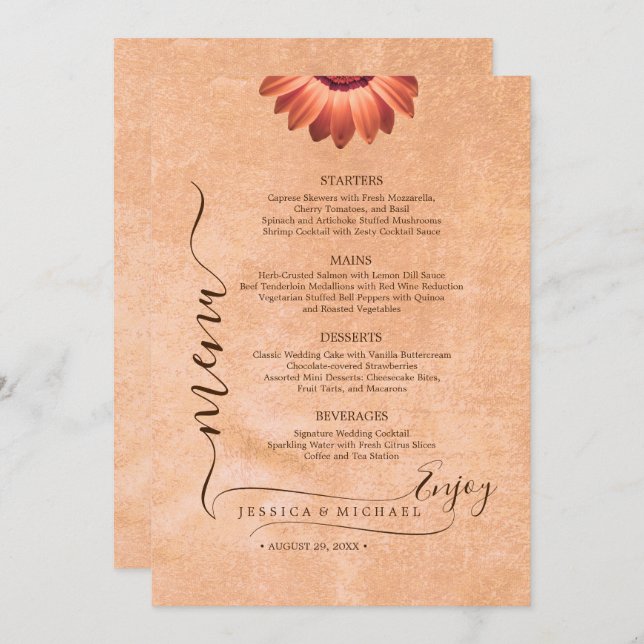 Menu Flores Gerbera no casamento de pêssego Abstrato (Frente/Verso)