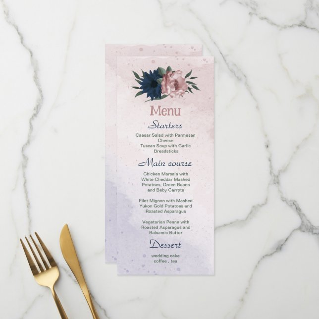 Menu flores rosa e azul marinho botânico casamento  (Frente/Verso In Situ)