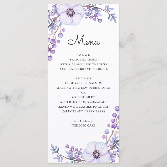 Menu Flores roxas de aquarela. Casamento floral violeta (Frente)