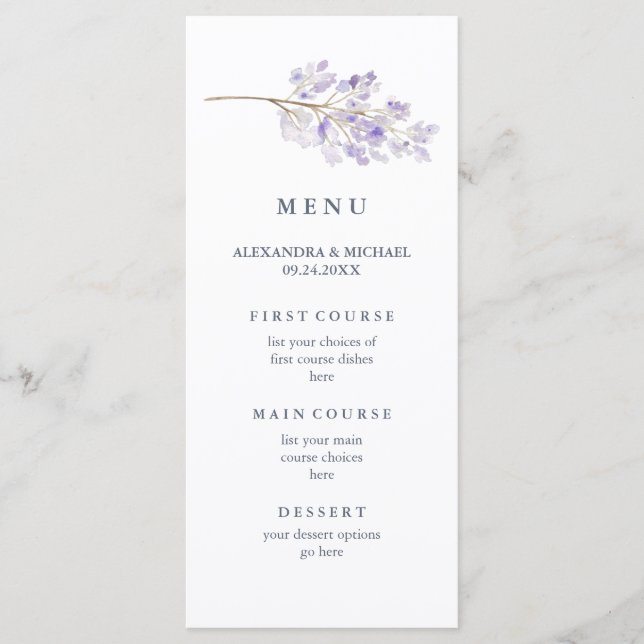 Menu Flores Roxas e Filtros de Casamento por Aquarela (Frente)