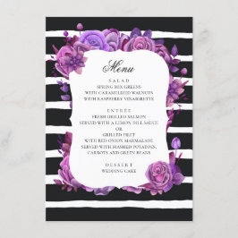 Menu Flores roxas e rosa. Casamento listrado preto