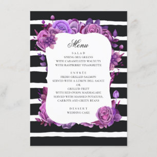 Menu Flores roxas e rosa. Casamento listrado preto