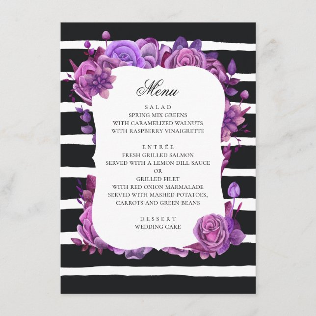 Menu Flores roxas e rosas. Casamento com listras pretas (Frente)