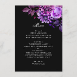 Menu Flores roxas em aquarela. Casamento preto floral