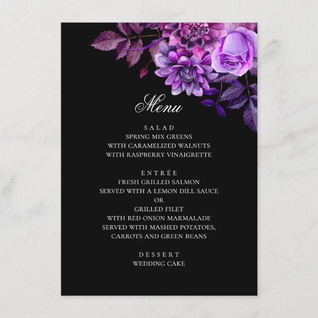 Menu Flores roxas em aquarela. Casamento preto floral (Frente)