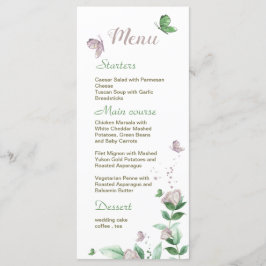 Menu flores roxas folhas verdes borboletas casamento