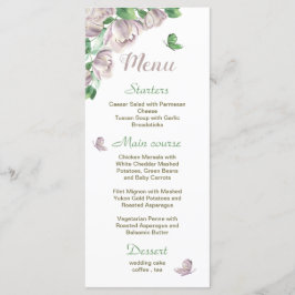 Menu flores roxas folhas verdes borboletas casamento