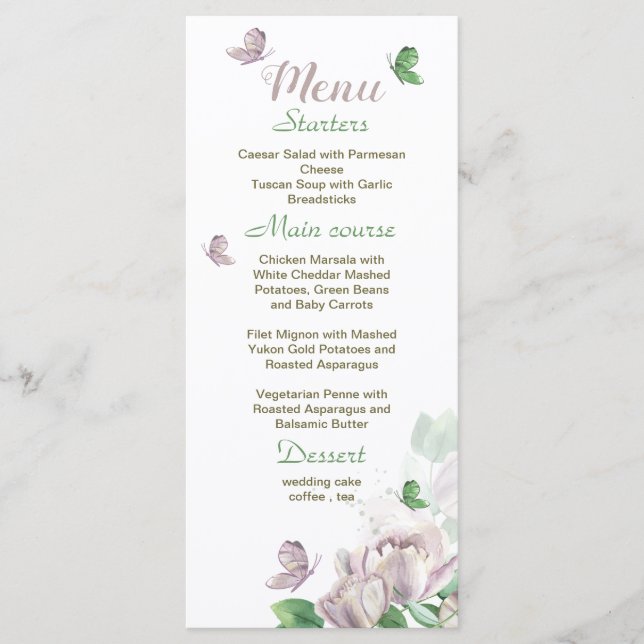Menu flores roxas folhas verdes borboletas casamento (Frente)