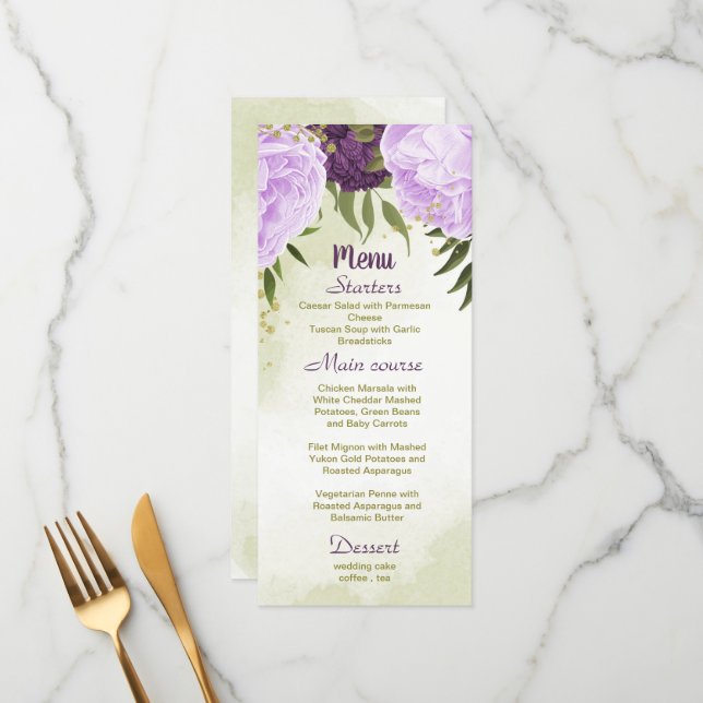 Menu flores roxas folhas verdes casamento (Frente/Verso In Situ)