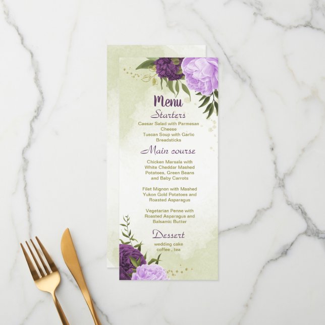 Menu flores roxas folhas verdes casamento (Frente/Verso In Situ)