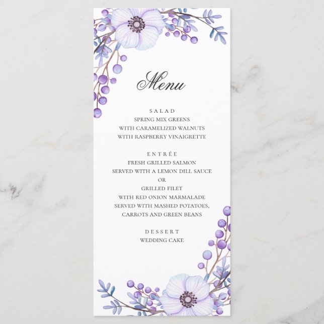 Menu Flores roxas. Jantar de casamento floral violeta (Frente)