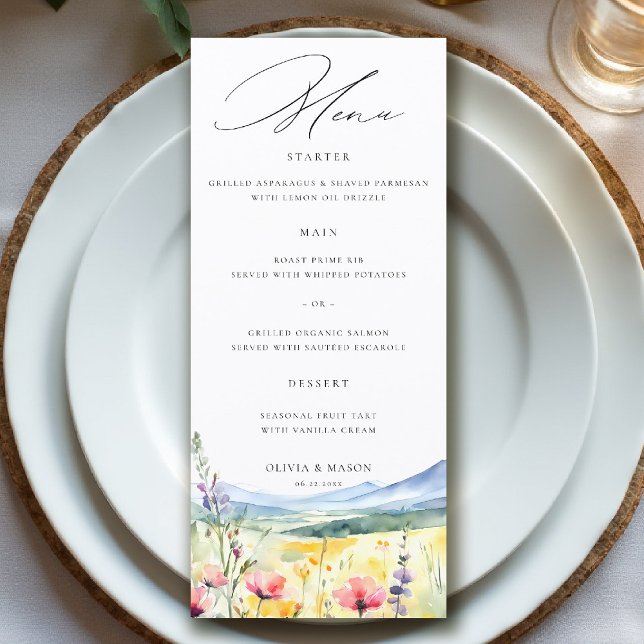 Menu Flores Silvestres de Montanha Prado Floral Moderno (mountain wedding menu wildflowers meadow floral watercolor modern calligraphy garden nature forest)