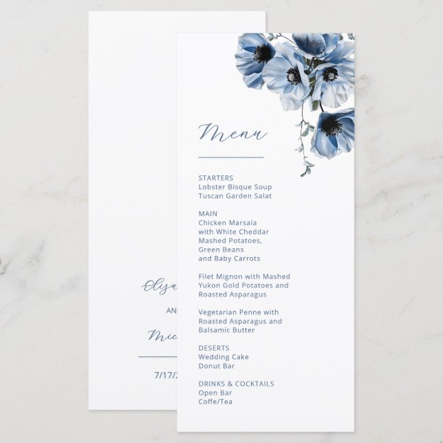Menu Flores Transparentes Azuis Casamento (Frente/Verso)