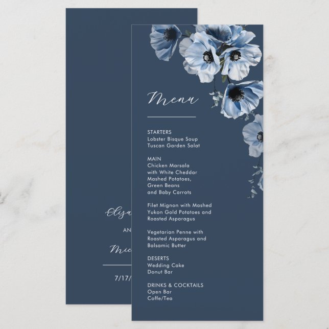 Menu Flores Transparentes Azuis Casamento (Frente/Verso)
