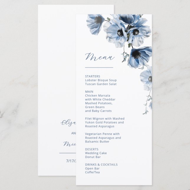 Menu Flores Transparentes Azuis Casamento (Frente/Verso)