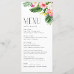 Menu Flores Tropicais e Casamento de Verão Verde<br><div class="desc">Cartão personalizável de casamento de limão. Apresenta ilustrações a aquarelas de folhas de palma, folhas de bananas, hibisco, plumeria e outras plantas tropicais. Personalize adicionando a data e a escolha da refeição. Este cardápio tropical é perfeito para casamentos de verão, chás de fraldas, chás de panela, aniversários e muito mais....</div>