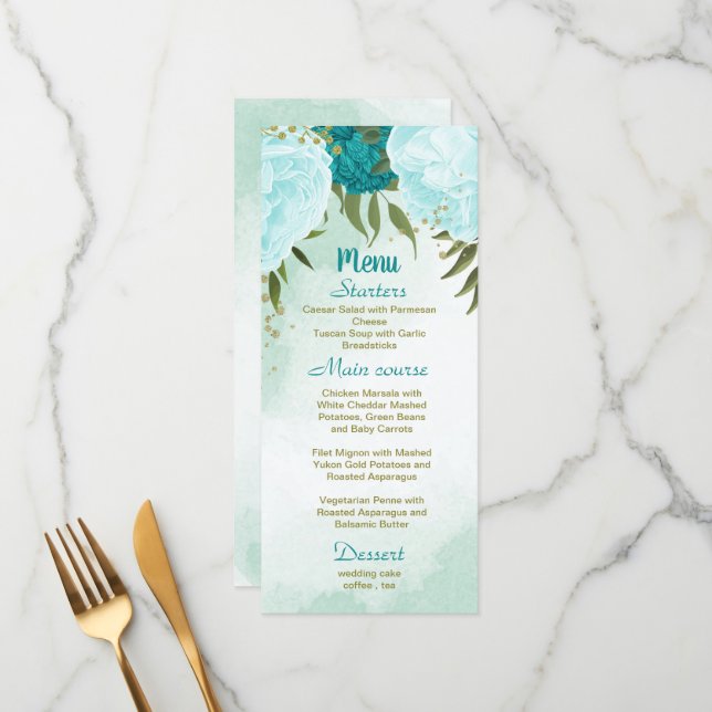 Menu flores turquesas folhas verdes casamento (Frente/Verso In Situ)