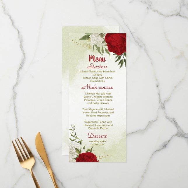 Menu flores vermelhas folhas verdes casamento (Frente/Verso In Situ)