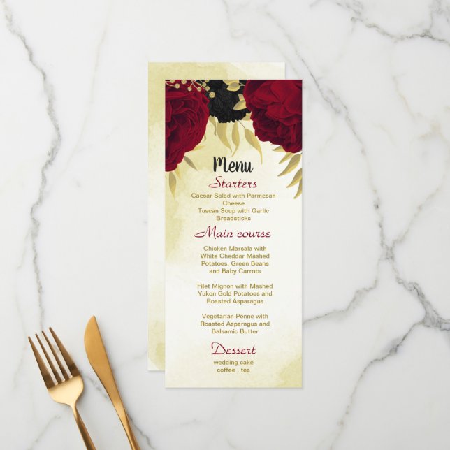Menu flores vermelhas pretas ouro folhas casamento (Frente/Verso In Situ)