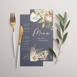 Menu Folhagem elegante botânica e moderna da boêmia azu<br><div class="desc">Marinho azul-boêmia botânica moderna e elegante dia de casamento do na moda de folhagem do cardápio de papelaria. Lindas aquarelas florais florais secas,  impressas à mão,  e texto de script. Moderno em design de tendência.</div>