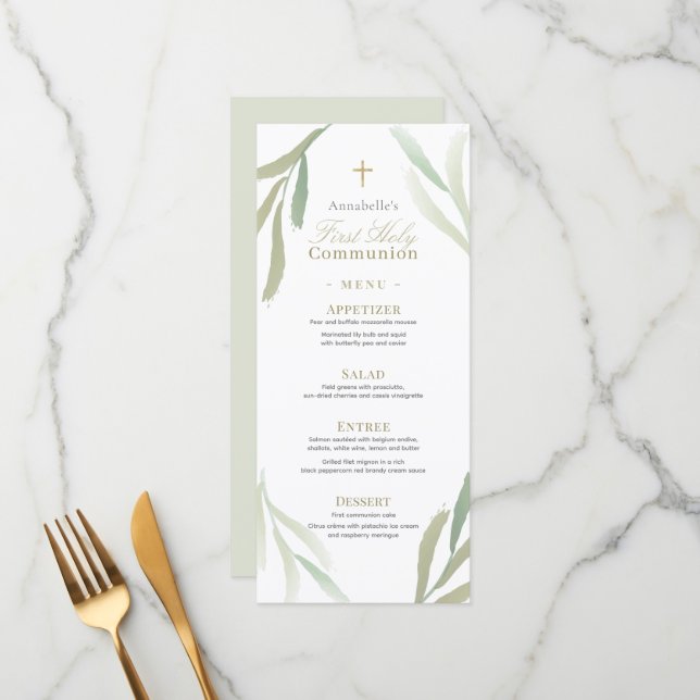 Menu Folhagem Verde Natural Primeira Comunhão Sagrada (Frente/Verso In Situ)