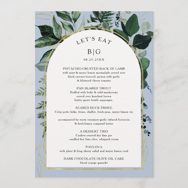 Menu Folhas Botânicas Dusty Blue Modern Boho Arch (Frente)