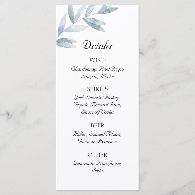 Menu Folhas de aquarela clássicas. Bar de casamento sim (Frente)
