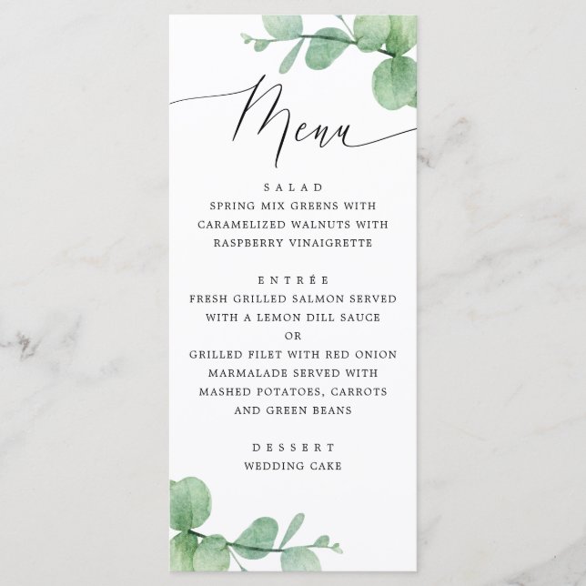 Menu Folhas de Eucalipto Casamento | Botânico Aquarela (Frente)