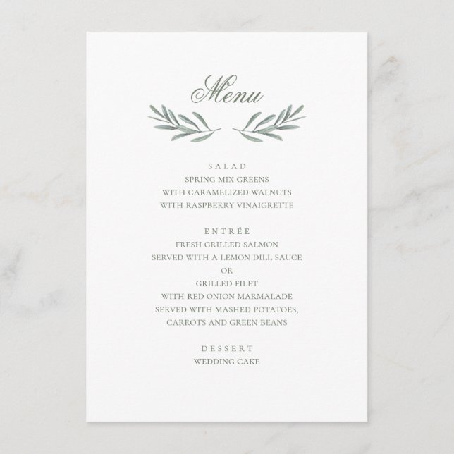 Menu Folhas de oliveira simples. Casamento italiano. Bo (Frente)