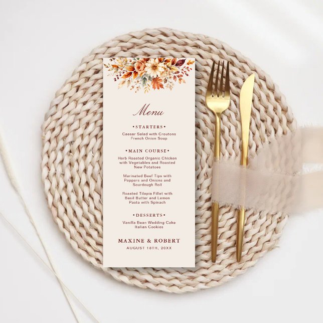 Menu Folhas de Outono Casamento Botânico Aquarela (Fall leaves botanical watercolor wedding menu with warm autumn charm and timeless style.)