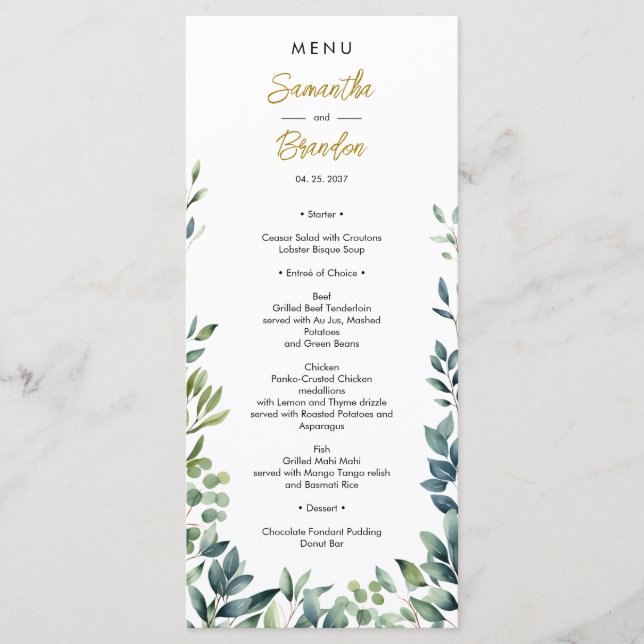Menu Folhas de vegetação botânica Elegante Casamento (Frente)