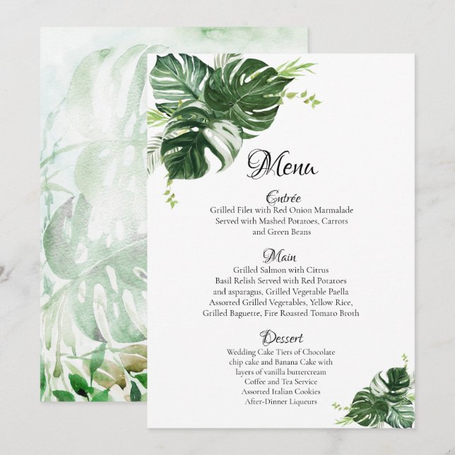 Menu Folhas Tropicais Verdes de Monstera Casamento (Frente/Verso)