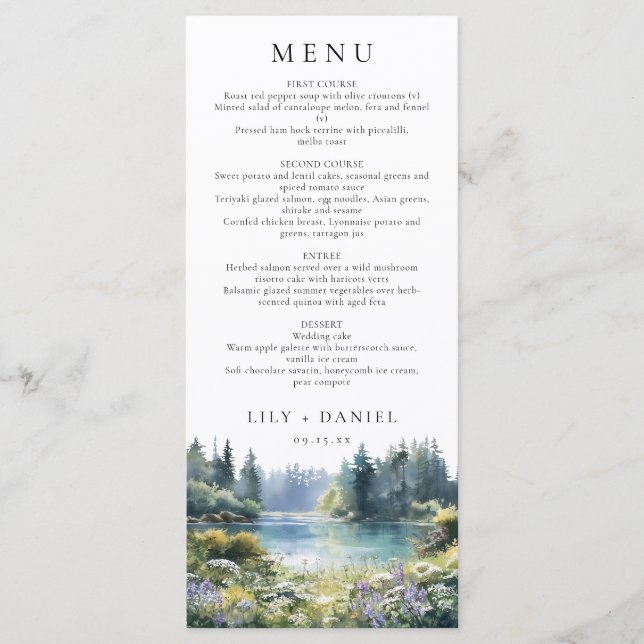 Menu Forest Lakeside Wildflowers Floral Wedding (Frente)
