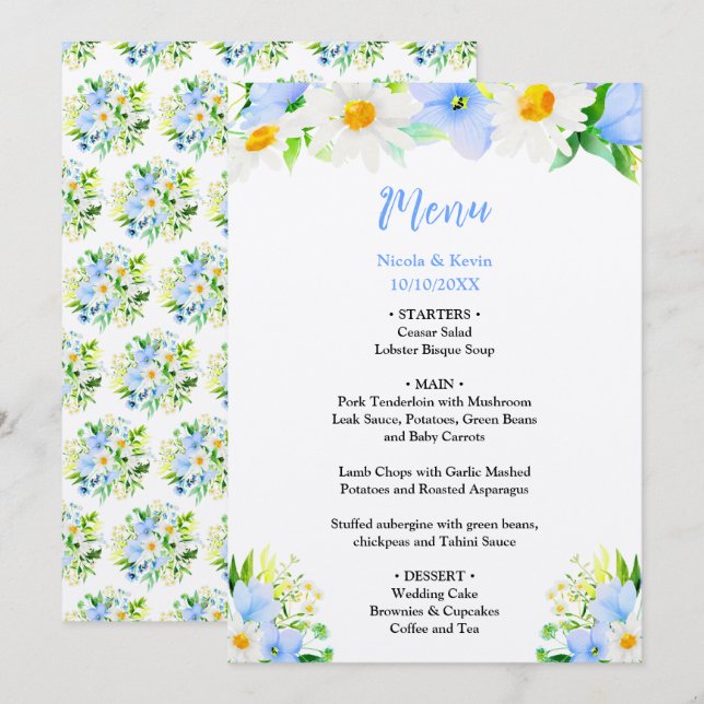 Menu Forget-Me-Nots and Daisies Floral Wedding (Frente/Verso)