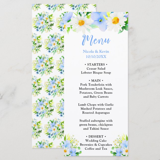 Menu Forget-Me-Nots and Daisies Floral Wedding (Frente/Verso)