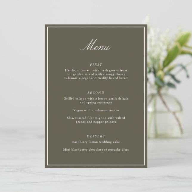 Menu Formal Classic Border Olive Script Elegant Wedding (Em pé/Frente)