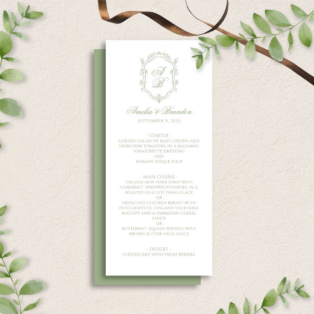 Menu Formal Classic Sage Green Monogram Crest Wedding (Criador carregado)