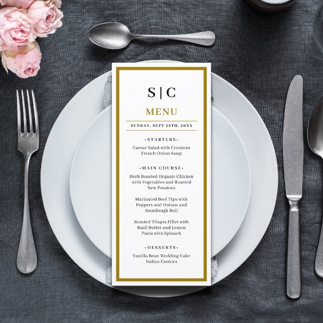 Menu Formal Clássico Preto Dourado Monograma Casamento (Formal black and gold monogram wedding menu adds a refined, elegant touch to reception tables.)