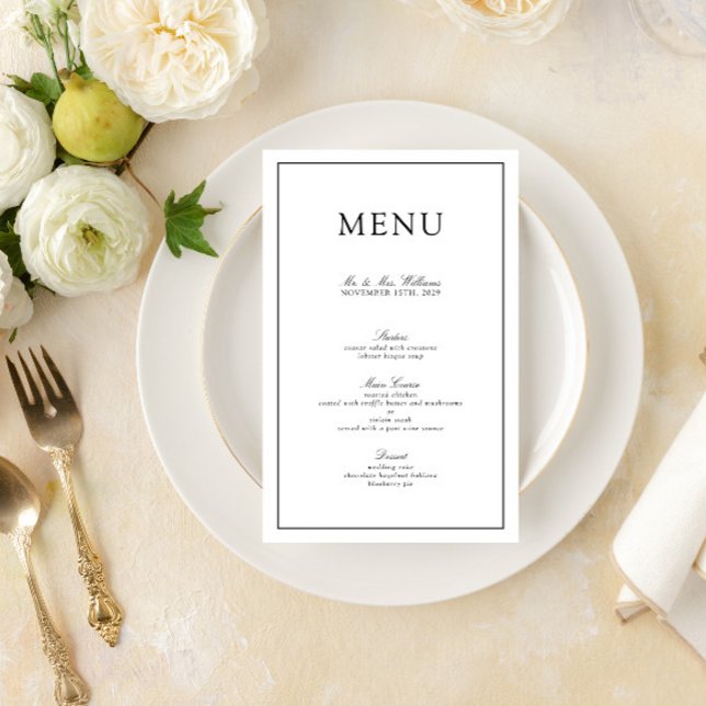 Menu Formal de Casamento de Script Branco e Preto  (Create a wedding menu to match your invitation suite with this easy to personalize design)
