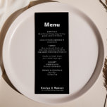 Menu Formal de Casamento Negro Elegante Minimalist<br><div class="desc">Este cartão de cardápio preto elegante e elegante é perfeito para um casamento rústico. O design apresenta uma bela fonte em um fundo preto para embelezar seu evento.</div>