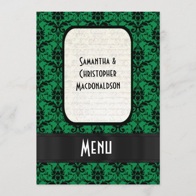 Menu formal do casamento de damascos pretos e verd (Frente)
