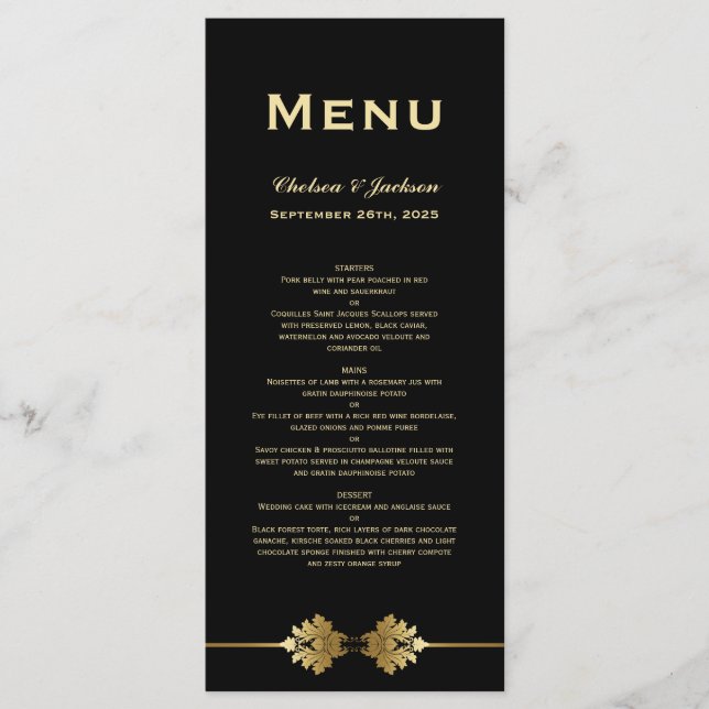 Menu Formal Dourado Casamento Preto Moderno (Frente)