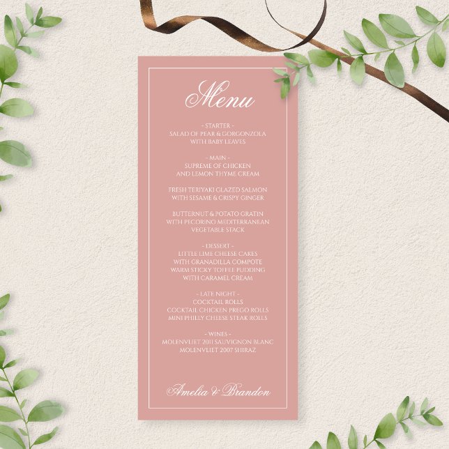Menu Formal Dusty Rose & White Border Script Wedding (Criador carregado)