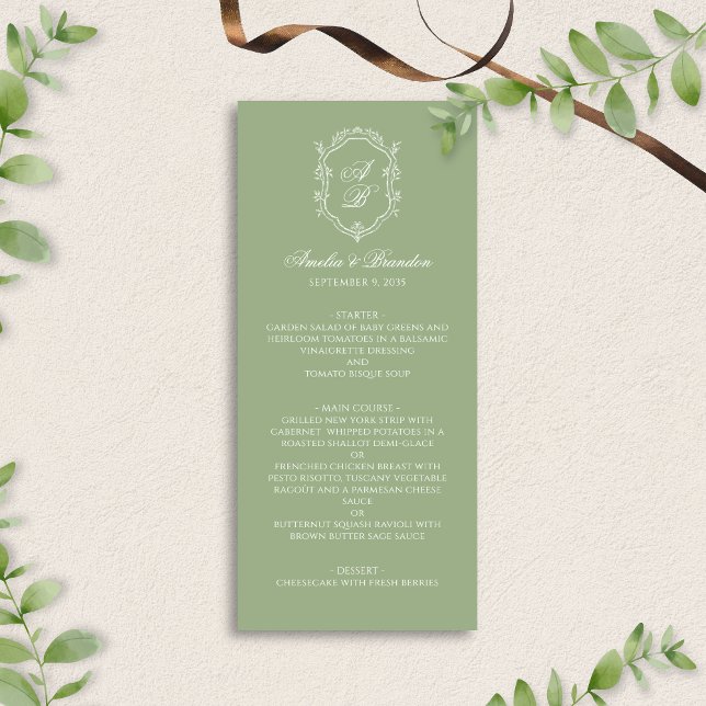 Menu Formal Elegant Sage Green Monogram Crest Wedding (Criador carregado)