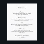 Menu Formal Elegante Clássico<br><div class="desc">Menu de casamento preto e branco elegante com um design simples e mínimo com o título em uma fonte serif tradicional e os cabeçalhos de curso em um roteiro elegante de caligrafia. Um estilo clássico que é perfeito para um casamento formal.</div>