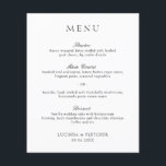 Menu Formal Elegante Clássico<br><div class="desc">Menu de casamento preto e branco elegante com um design simples e mínimo com o título em uma fonte serif tradicional e os cabeçalhos de curso em um roteiro elegante de caligrafia. Um estilo clássico que é perfeito para um casamento formal.</div>
