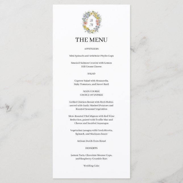 Menu Formal Floral Crest Monogram Wedding  (Frente)