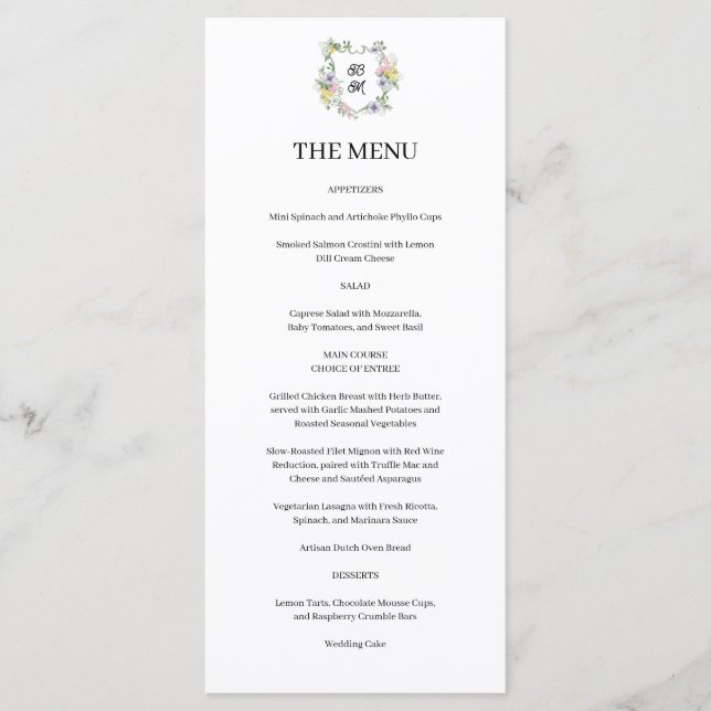 Menu Formal Floral Monogram Crest Wedding (Frente)