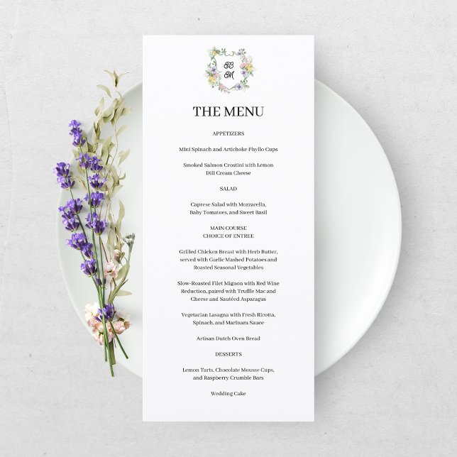 Menu Formal Floral Monogram Crest Wedding (Criador carregado)