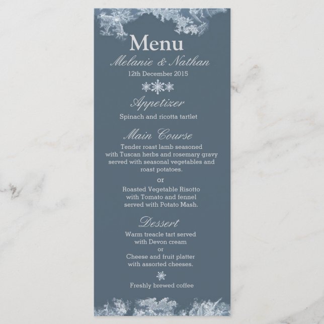 Menu Fosco Azul Casamento no inverno Personalizado (Frente)